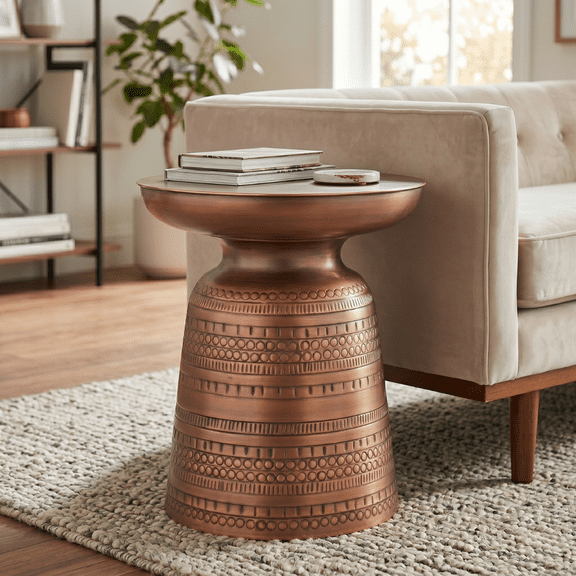 Hammered Copper Side Table, 16" Round Antique Copper and Brass