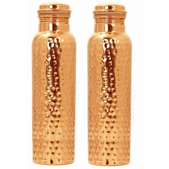 Hammered Copper Water Bottles, Pure Copper Vessels for Health Benefits, Perfect for Yoga and Home Use Set of 2 34oz Each