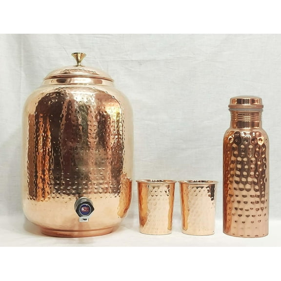 Hammered Copper Water Dispenser Container Pot Matka, Storage Water, 4 L/5 L/7 L/8 L Liter Copper Water Container Pot Matka Vessel 1 Tank 2 Glass 1 Bottle (4 Ltr Tank 1 Bottle 2 Glass)