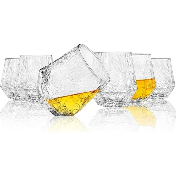 Hammered Diamond Shaped Whiskey Glasses [Set of 6] By Kitchen Lux- 11oz Old Fashioned Bourbon / Wine Geometric Glasses- Lead-Free & Dishwasher Safe Whiskey Glass Set- Great Whiskey Gift For Men