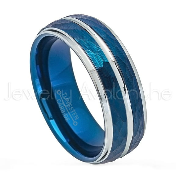 Hammered Finish Blue IP Tungsten Ring - 8mm Comfort Fit 2-tone Tungsten Carbide Anniversary Ring -TN704WAs9