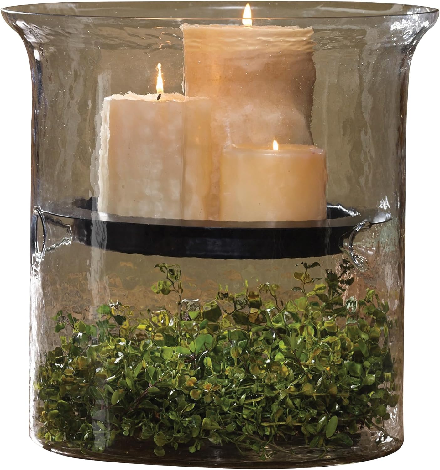 Hammered Glass Cylinder with Black Candle Pan 12" D