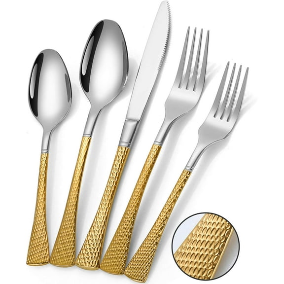 Hammered Gold Silverware Set,20 Piece Modern Flatware Set Service for 4,Mirror Polished Stainless Steel Cutlery Set Utensil Set Tableware Set,Kitchen Knives Forks Spoons Set,Dishwasher Safe