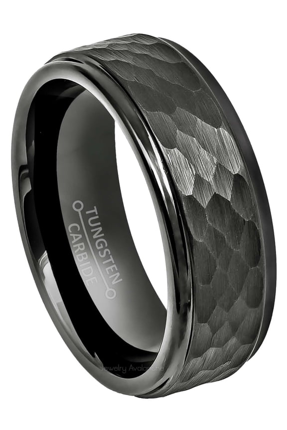 Hammered Gunmetal Tungsten Ring Men's Dark Gray Tungsten Carbide Wedding Band Anniversary Ring - 972GMs7