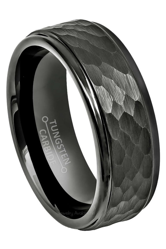 Hammered Gunmetal Tungsten Ring Men's Dark Gray Tungsten Carbide Wedding Band Anniversary Ring - 972GMs9
