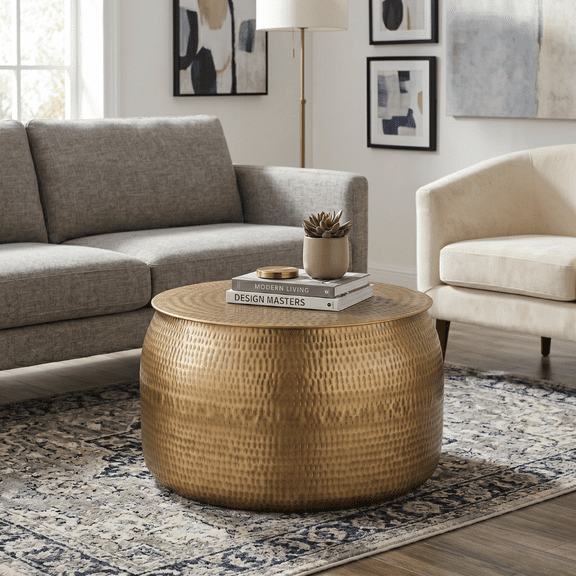Hammered Metal Coffee Table with Storage, Brass