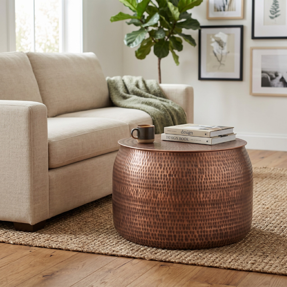 Hammered Metal Coffee Table with Storage, Copper