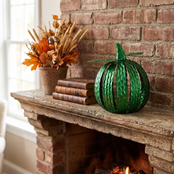 Hammered Metal Pumpkin Tabletop Decor, Shiny Metallic Fall Pumpkin Statue for Thanksgiving Front Porch Harvest Home Ornament