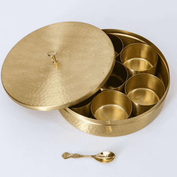 Hammered Pattern Handcrafted Brass Masala Dabba/Spice Box for Kitchen Storage