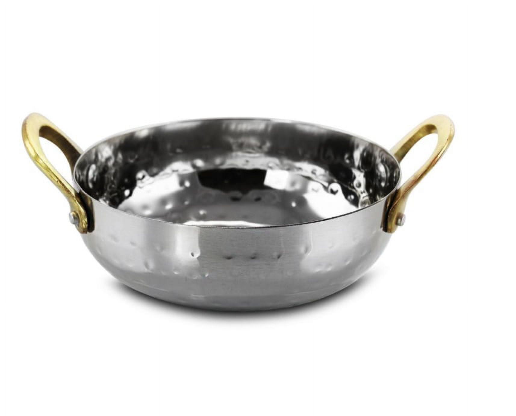 Hammered Stainless Steel Mini Sauce Pan with Brass Handles 5.5 oz.