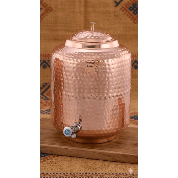 Hammered Pure Copper Water Dispenser with Lid & Tap, Traditional Storage Container for Home & Kitchen