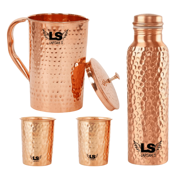 Hammered Pure Copper Water Jug 1.5 Liter (50.7 oz) with 2 Copper Glasses & Copper Bottle 950 ML Ayurvedic Drinking Water Pitcher with Lid & Handle Traditional Copper Storage & Serving Set