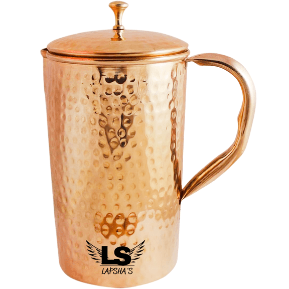 Hammered Pure Copper Water Jug 2 Liter (67.6 oz) with Brass Lid & Handle Ayurvedic Drinking Water Pitcher Traditional Copper Storage Vessel for Home & Kitchen