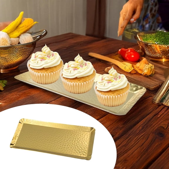 Hammered Rectangular Platter Serving Tray, Stainless Steel Decorative Storage Tray, Gold