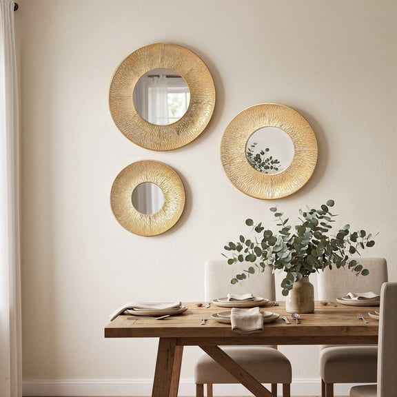 Langford Home Hammered Round Wall Mirror 3PC Set, Gold
