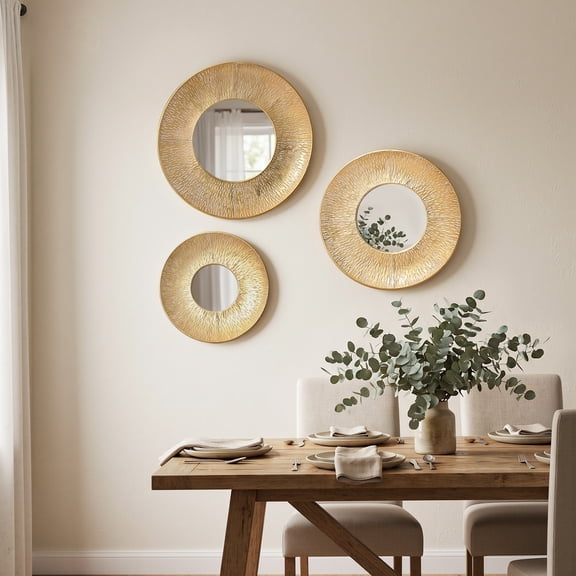 Langford Home Hammered Round Wall Mirror 3PC Set, Gold
