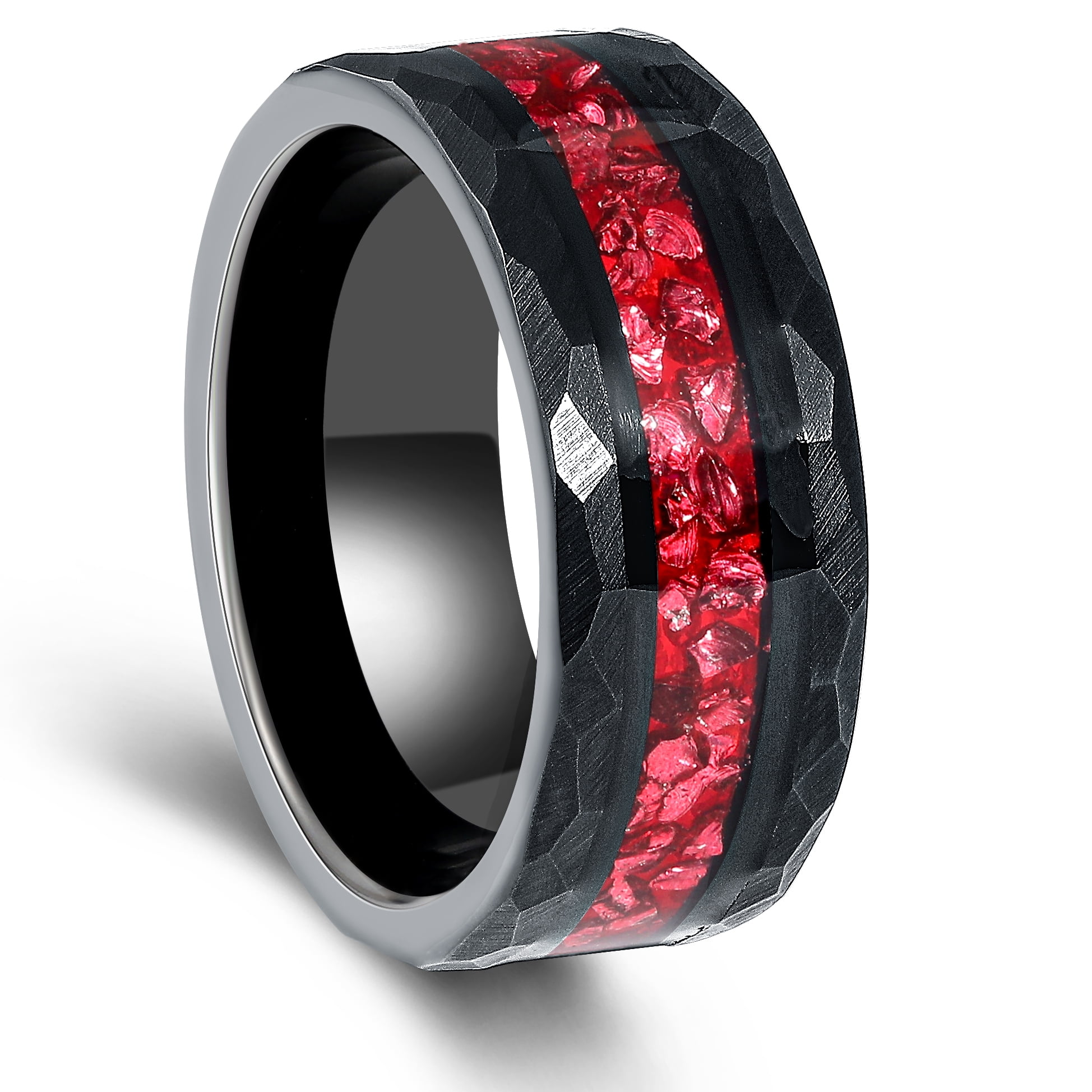 Hammered Ruby Tungsten Ring For Men Women Wedding Band Anniversary