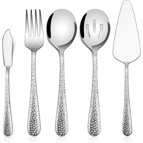 Hammered Serving Utensils, Vesteel5-Piece Stainless Steel Hostess Serving Set Set for Buffet Party Kitchen Restaurant, Mirror Finished & Dishwasher Safe