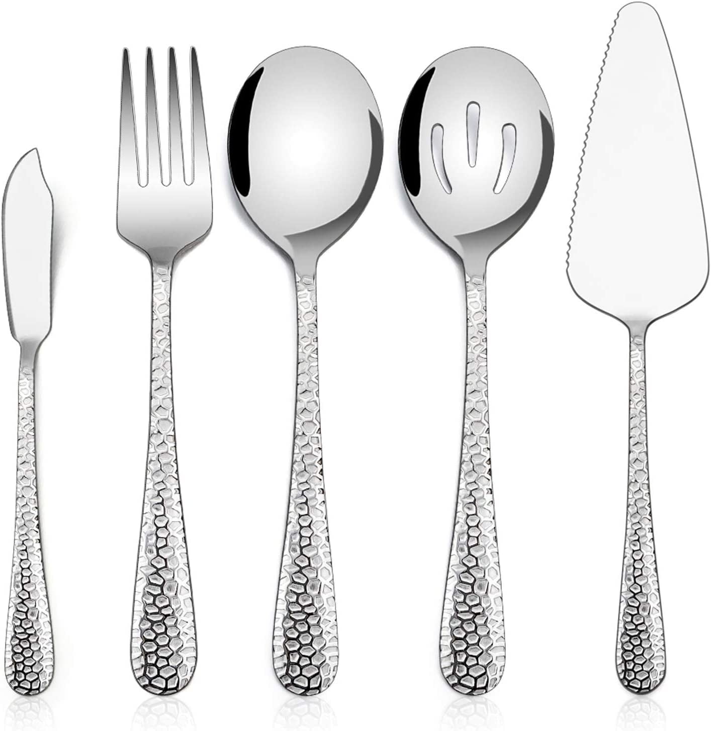 Hammered Serving Utensils, Vesteel 5-Piece Stainless Steel Hostess Serving Set Set for Buffet Party Kitchen Restaurant, Mirror Finished & Dishwasher Safe