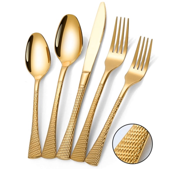Hammered Silver Gold Silverware Set,20 Piece Modern Flatware Set Service for 4,Mirror Polished Stainless Steel Cutlery Set Utensil Set Tableware,Kitchen Knives Forks Spoons Set,Dishwasher Safe