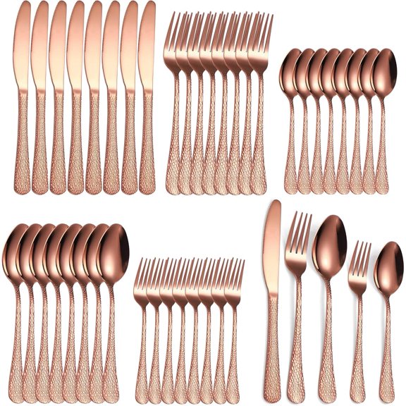 Hammered Silverware Copper/Rose Gold Flatware Set 40 Piece Service for 8 Stainless Steel Knives Forks Spoons Creative Handle Eating Utensils for Festival Parties Kitchen Daily Use