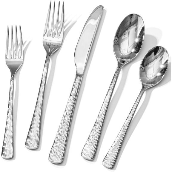 Hammered Silverware Set, 20- Flatware Set, 18/10 Stainless Steel Cutlery with Handles Design Mirror Polished - Dishwasher Safe