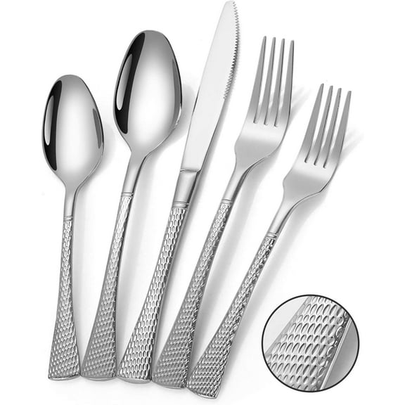 Hammered Silverware Set,20 Piece Modern Flatware Set Service for 4,Mirror Polished Stainless Steel Cutlery Set Utensil Set Tableware Set,Kitchen Knives Forks Spoons Set,Dishwasher Safe