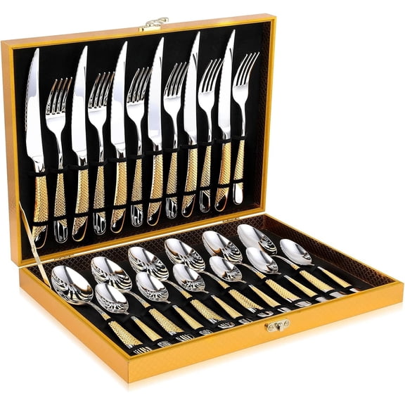 Hammered   Silverware Set,  24- 18/10 Stainless Steel Flatware Set, Service of 6
