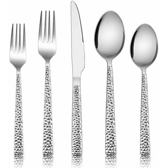 Hammered Silverware Set, 30-Piece Stainless Steel Square Flatware Set for 6, Metal Tableware Cutlery Set Includes Dinner Knives/Forks/Spoons, Modern Design & Mirror Polished - Dishwasher Safe