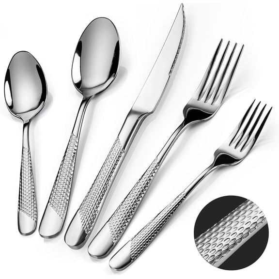 Hammered Silverware Set, 30 Pieces Silverware Set for 6, Stainless Steel Flatware Set for Home, Kitchen, Restaurant and Hotel, Mirror Polished Cutlery Set, Dishwasher Safe
