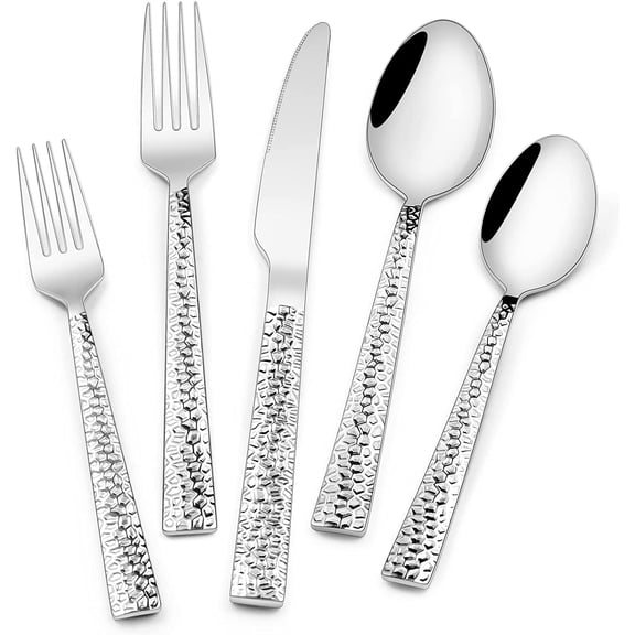 Hammered Silverware Set 40 Piece Stainless Steel Square Flatware Service 8 Dishwasher Safe