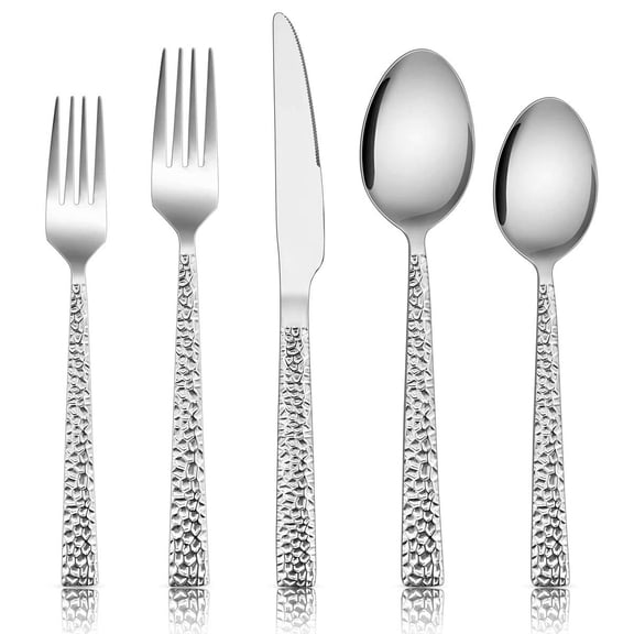Hammered Silverware Set, 40-Piece Stainless Steel Square Flatware Set for 8, Metal Tableware Cutlery Set Includes Dinner Knives/Forks/Spoons, Modern Design & Mirror Polished - Dishwasher Safe