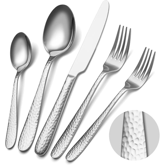 Hammered Silverware Set,  40- Stainless Steel Flatware Set for 8, Mirror Finish Tableware Kitchen Cutlery Sets, Durable  Eating Utensils Sets Includes Fork Spoon , Dishwasher Safe