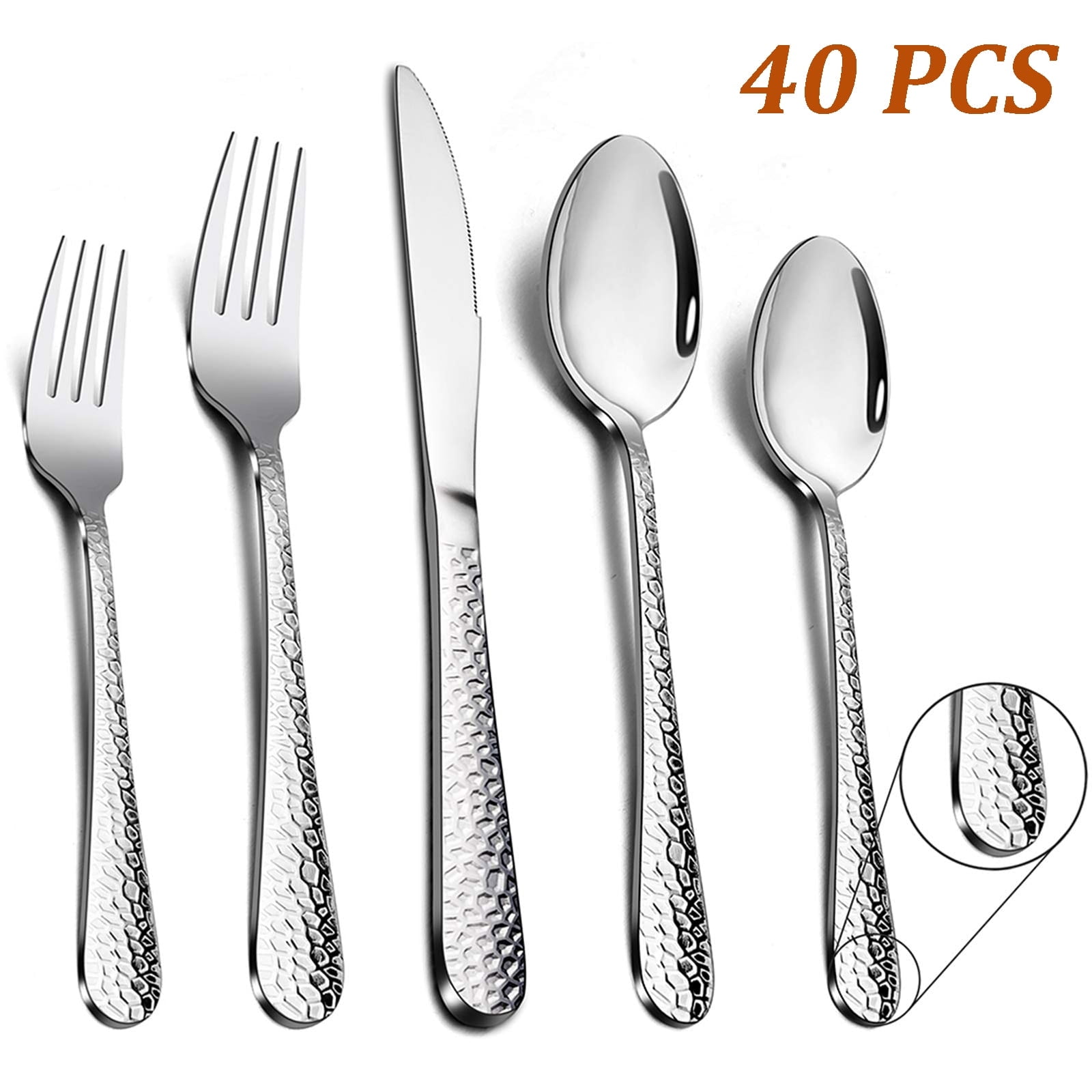 Vesteel Hammered Silverware Set, 40-Piece Stainless Steel Flatware Cutlery Set for 8, Includes Knives, Forks, Spoons, Mirror Polished & Dishwasher Safe