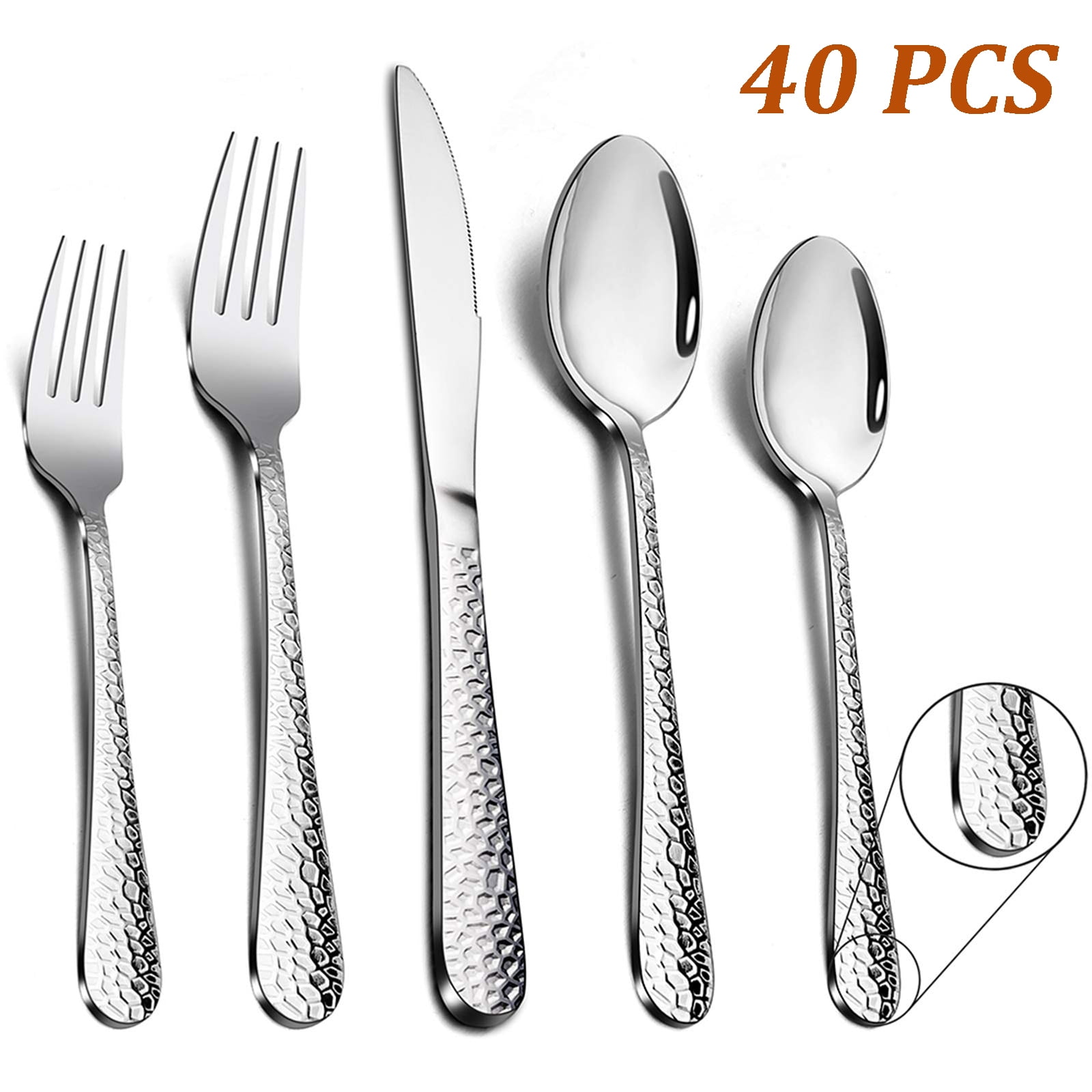 VeSteel 40-Piece Hammered Stainless Steel Flatware Set, Includes Knives, Forks, Spoons - Dishwasher Safe
