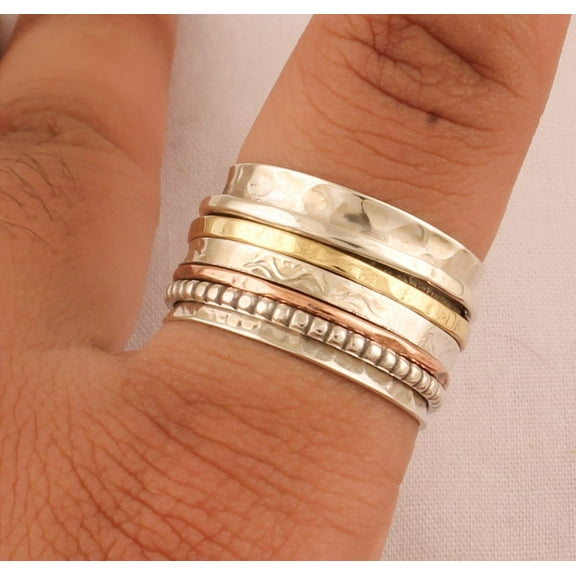 SS DESIGNS Hammered Solid 925 Sterling Silver Band Spinner Ring – Handmade Three-Tone Fidget Ring, Stress Relief Ring, Perfect Gifts for Her