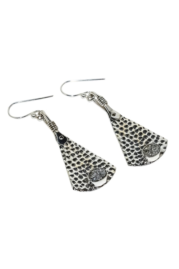 Hammered Solid 925 Sterling Silver Silver Titanium Drusy Earring 2.09" (SE294-17