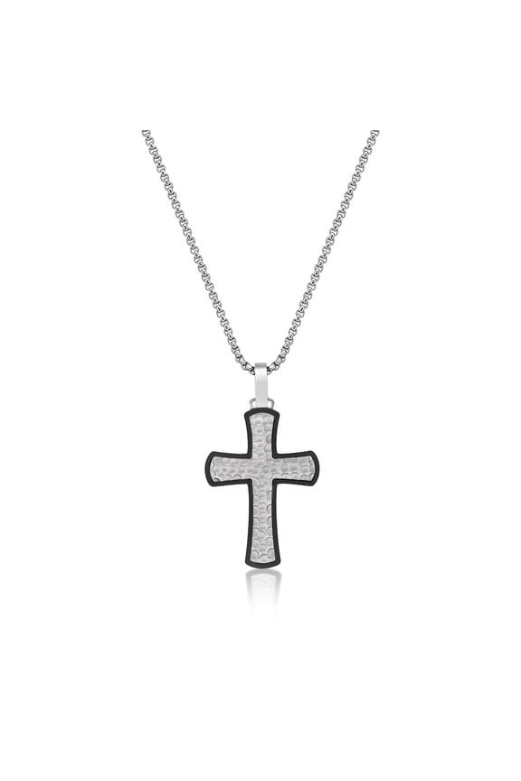 Hammered Stainless Steel Cross Pendant with Black Plating 24 Inch