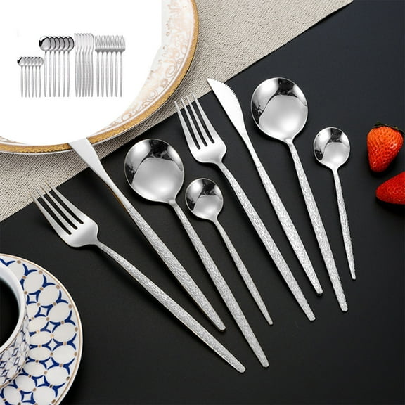 Hammered Stainless Steel Flatware Set 24 Piece Fork Spoon Knife Set for Home Dining