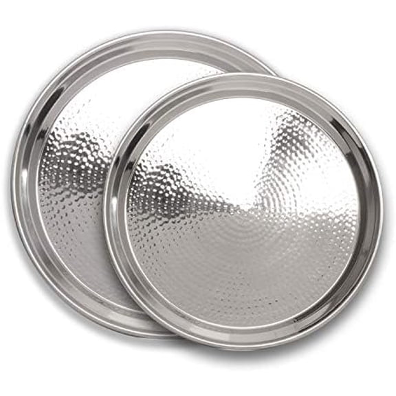 Hammered Stainless Steel Trays  Round Silver Serving Trays - Metal Serving Tray - 2 Pc - Large Tray 15 Medium Tray 13 - Decorative Platters  by$$Home Decor, Kitchen, & Other
