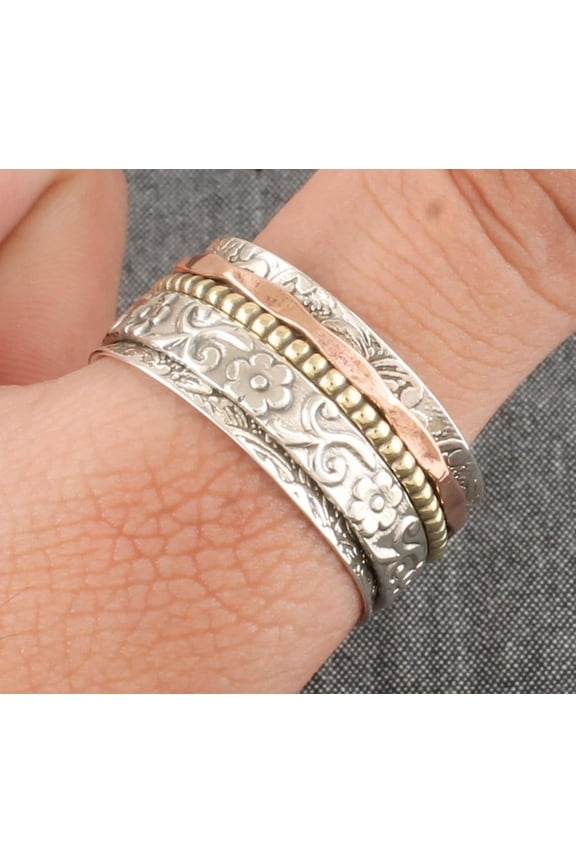 Hammered Sterling Silver With 925 Stamped Purity Anxiety Ring – Handmade Spinner Ring for Men & Women, Birthday Gift Idea, Fidget Ring for Stress Relief