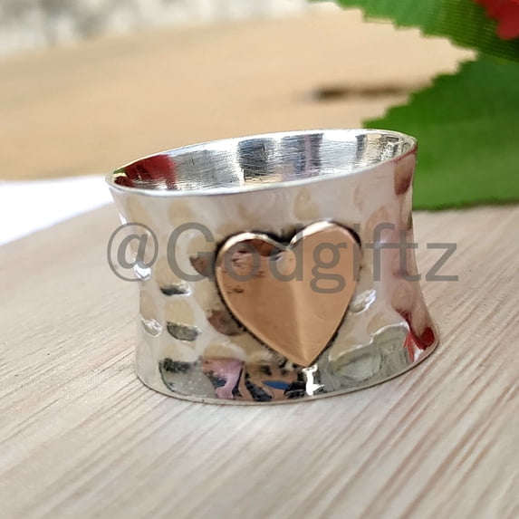 Hammered Sterling Silver Heart Ring: Handmade Spinner Band