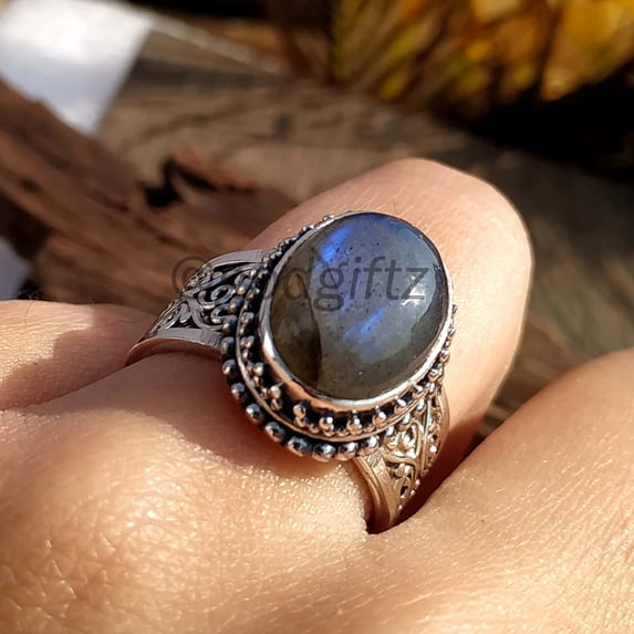 Hammered Sterling Silver Labradorite Ring: Natural Gemstone, Cocktail Style