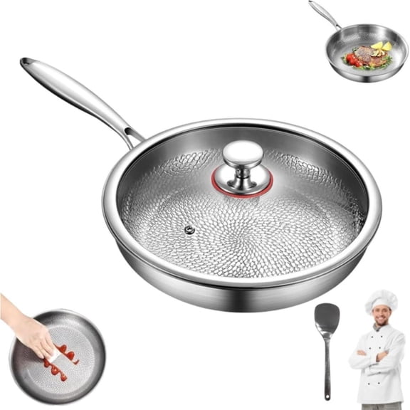 Hammered Texture Frying Pan with Lid, Spatula 3pcs Set, Upgraded Non-Stick No Coating Cookware, Ultra Durable Scratch Resistant, Compatible with All Stovetops