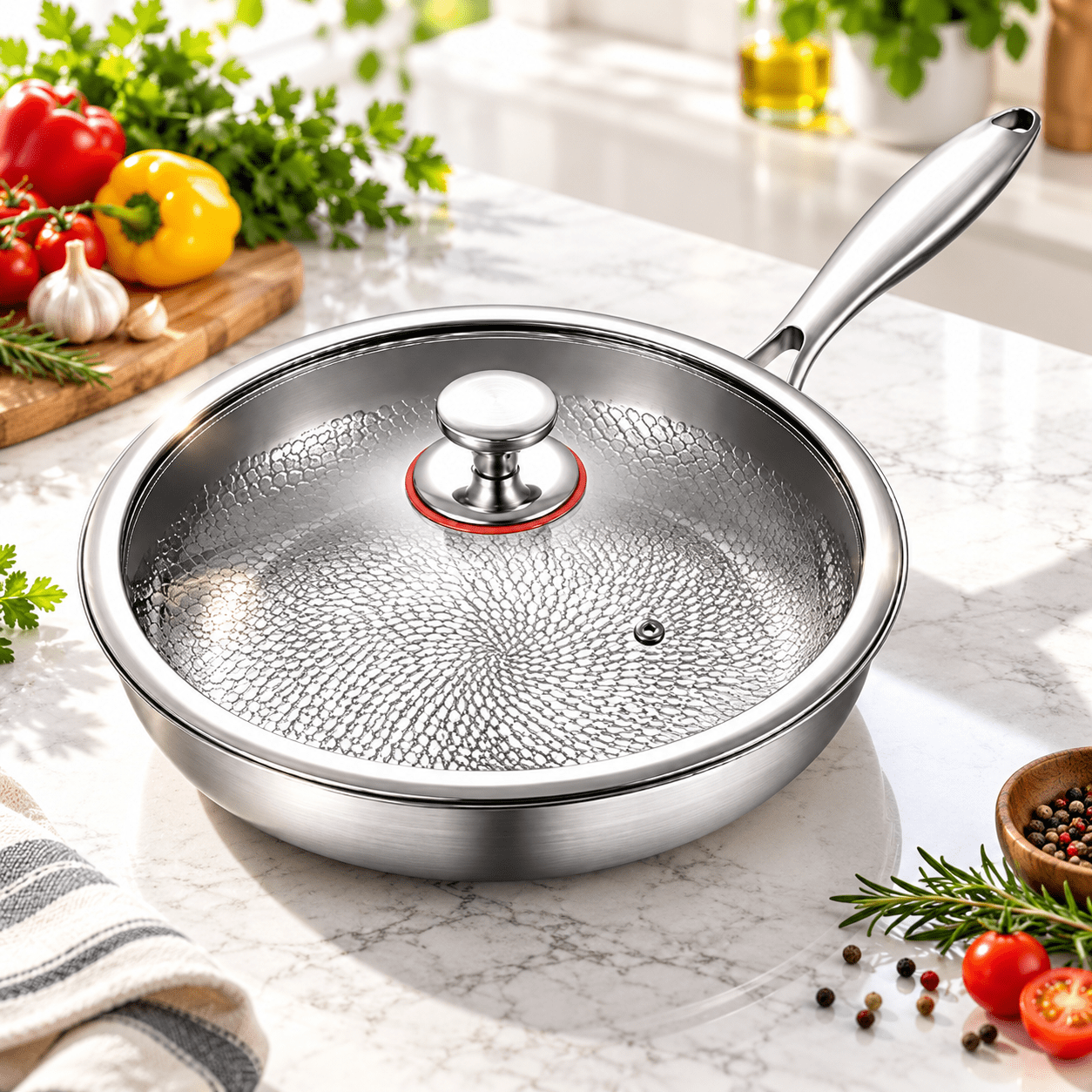 Hammered Titanium Frying Pan with Lid, 10.24 Inch Silver Titanium Alloy ...