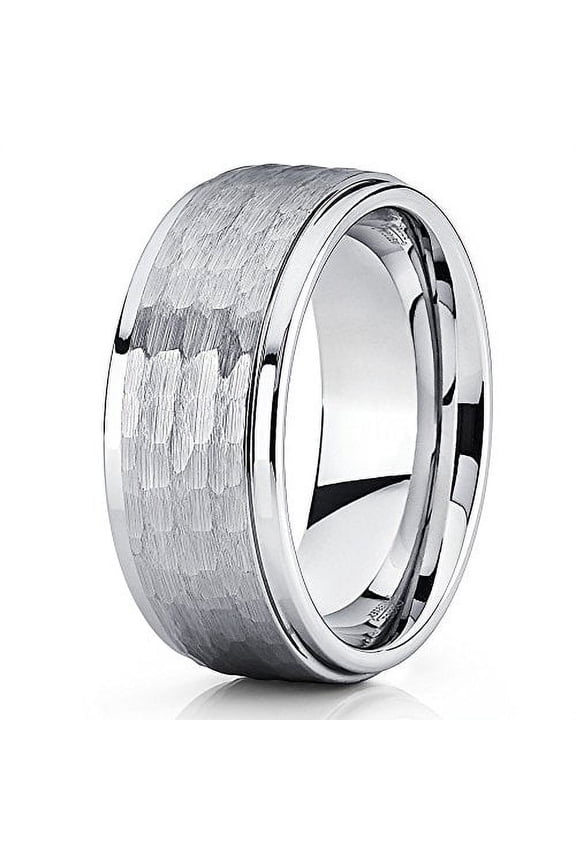 Hammered Tungsten Ring Silver Tungsten Wedding Band Brushed Gray Tungsten Ring 9mm Tungsten Carbide Ring Men & Women