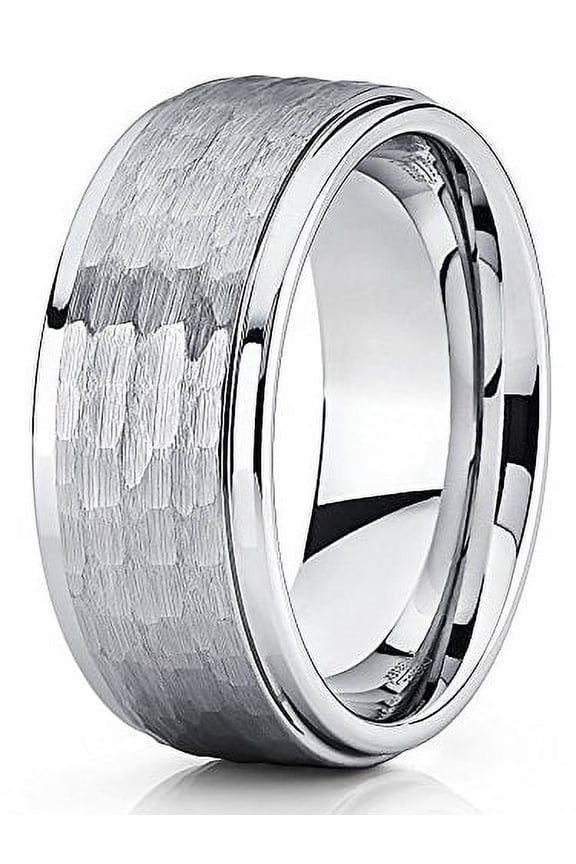 Hammered Tungsten Ring Silver Tungsten Wedding Band Brushed Gray Tungsten Ring 9mm Tungsten Carbide Ring Men & Women