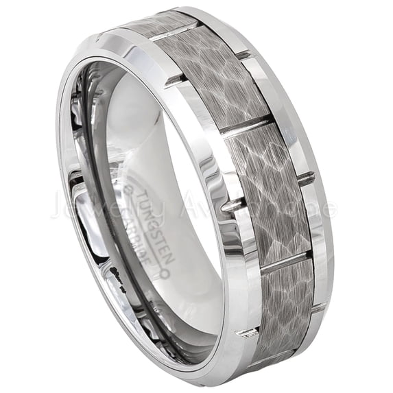Hammered Tungsten Wedding Band - 8mm Comfort Fit Beveled Edge Tungsten Carbide Ring - TN595WAs12.5