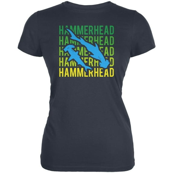 Hammerhead Shark Stacked Repeat Juniors Soft T Shirt Indigo Blue X-LG