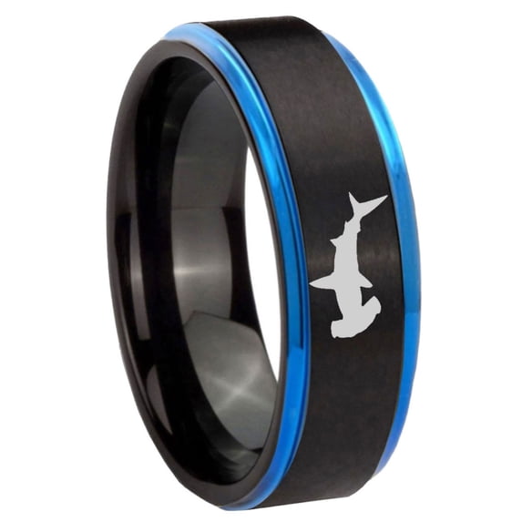 Hammerhead Shark Step Edge Black And Blue Tungsten Ring 10MM